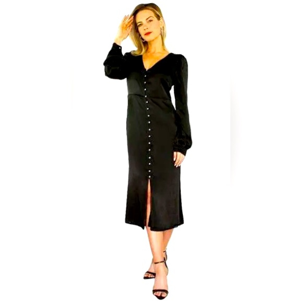 En Saison Black Long Sleeve Satin VNeck Crystal Button Midi Dress